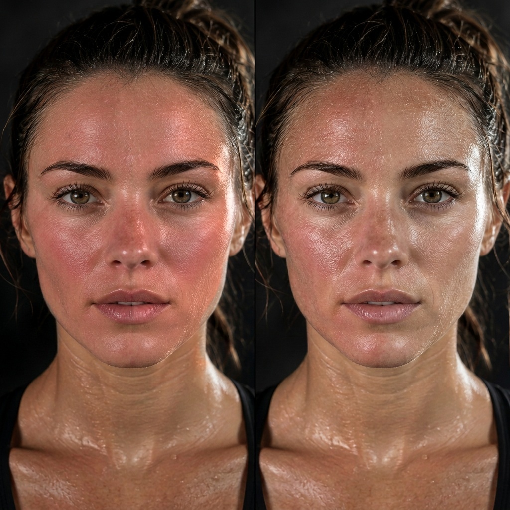 Illustrative comparison of the same runner with evenly flushed cheeks and evenly calmer-looking skin. For illustration purposes.