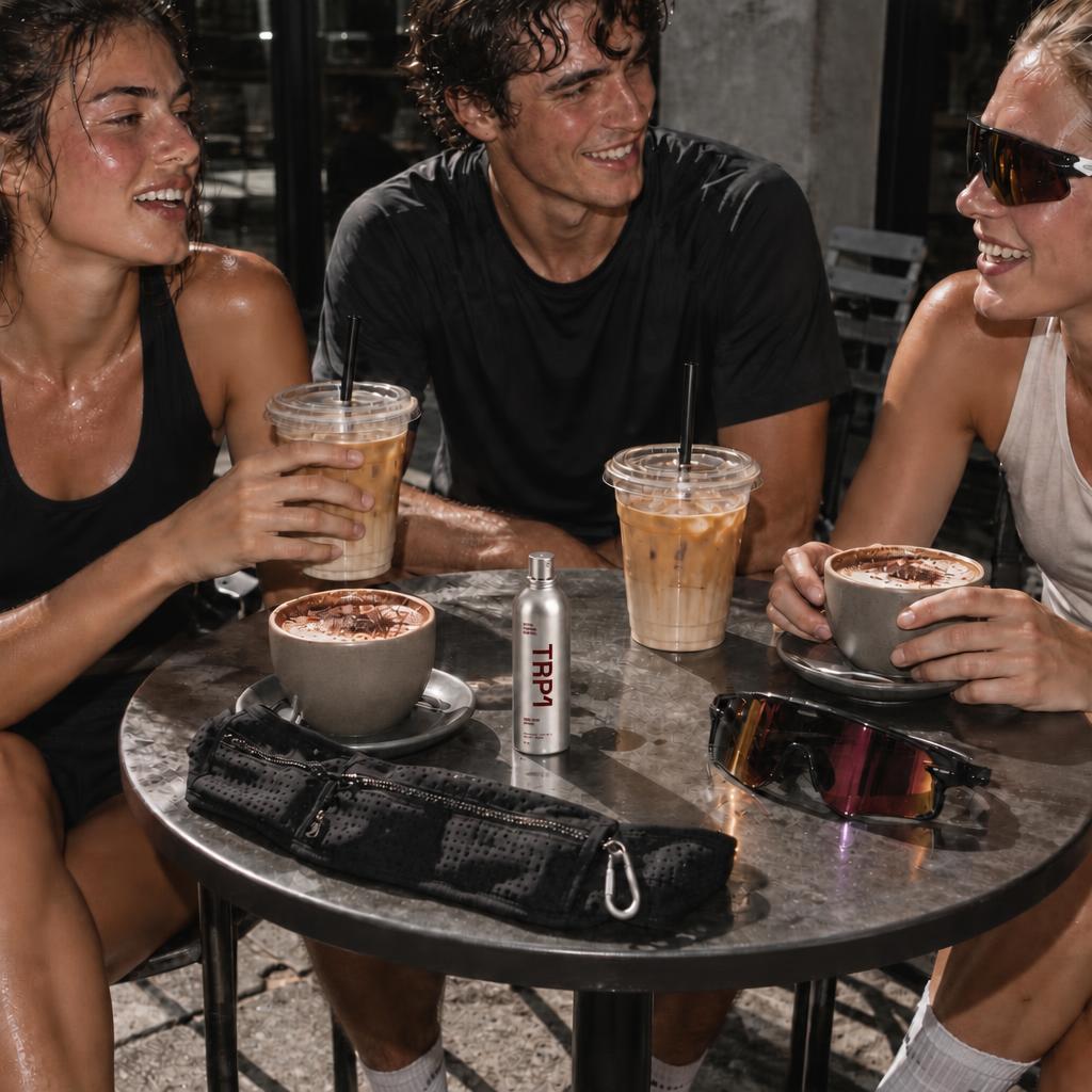 Concept photograph of three runners at an outdoor café table after a Sunday group run, with iced caramel lattes, mochas, a silver TRP1 bottle, a black running belt and wraparound running sunglasses.