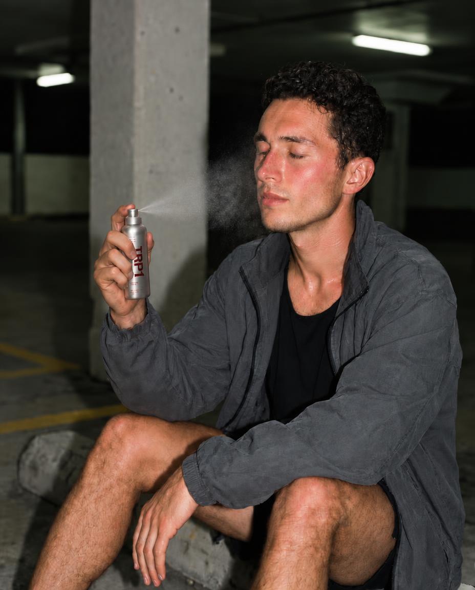 Concept photograph of a male runner spraying silver TRP1 facial mist in a car park.