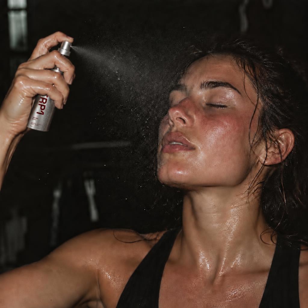 Close-up concept photograph of a runner spraying silver TRP1 facial mist onto her flushed face.